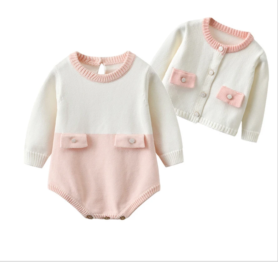 Newborn Baby Girl Long Sleeve Knitting Bodysuit Romper Sweater Outwear Coat 2PCS Baby Clothes 0-24M
