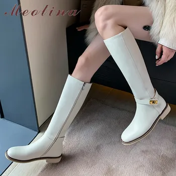 

Meotina Buckle Genuine Leather Low Heel Long Boots Women Riding Boots Shoes Zip Chunky Heels Knee High Boots Autumn Winter 40