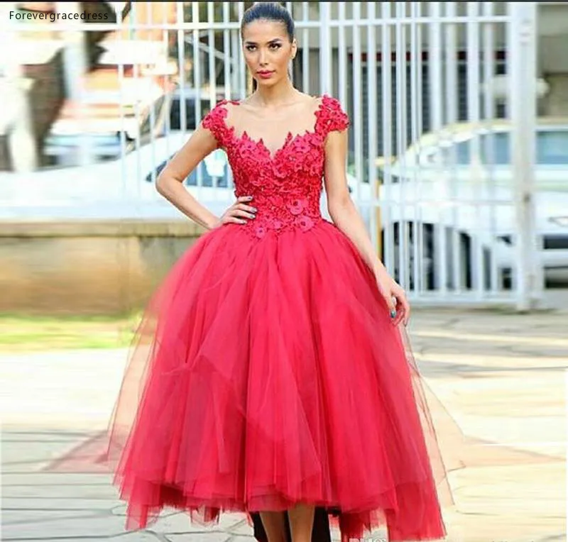 Jewel Sheer Neck 2017 Red Evening Dresses With Applique A-Line Prom Gowns Tiered Ruffle Custom Made Formal Party Dresses Tea-Length Elegant  146 (3)