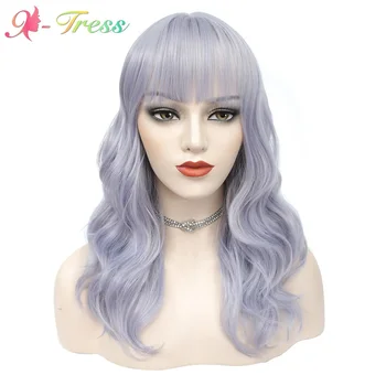 

X-TRESS Light Purple 18'' Medium Wigs with Bangs Synthetic Wavy Wigs for Black Women Heat Resistant Trendy Colorful Hairs