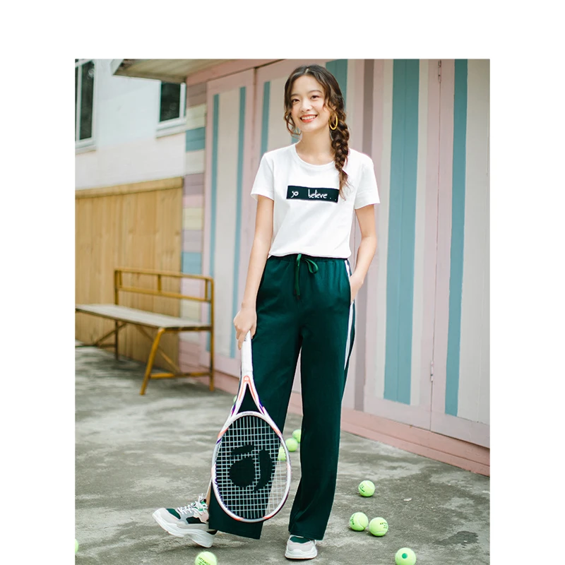 Cena INMAN letni styl przyczynowy garnitur okrągły kołnierz drukowane moda garnitur kobiety wygodna odzież T koszula i spodnie