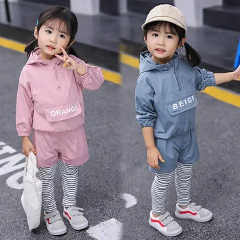 

2020 New Korean Loose Sporty Kids Clothes Suit Windbreak Jacket Coat And Legging Pants Girl 2-piece Clothes Set