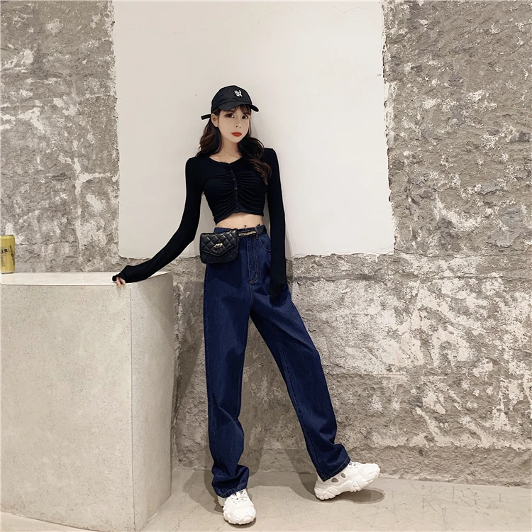 Retro loose high waist straight-bottomed jeans Slim broad-legged trousers in autumn