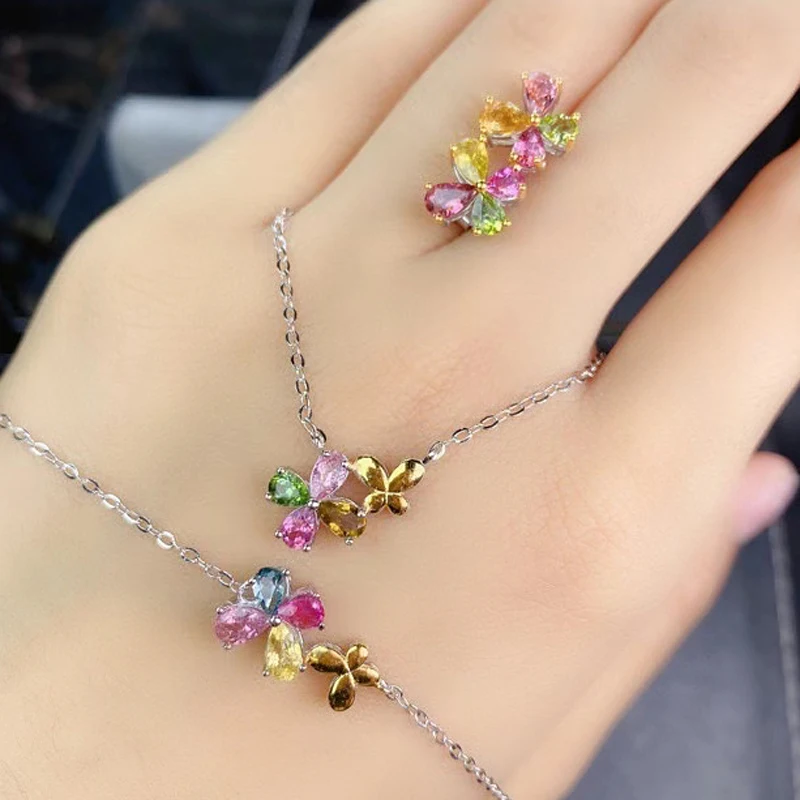 

MeiBaPJ 925 Sterling Silver Natural Colorful Tourmaline Gemstone Necklace Bracelet Earrings for Women Fine Wedding Jewelry Set