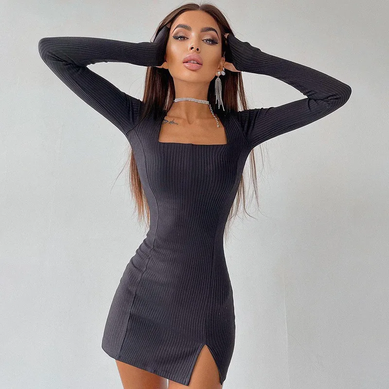 Sylph Dresses For Women Party Square Collar Article Pit Long Sleeve Finger Cover Mini Vestidos Solid Slit Sexy Bodycon Dress New|Dresses| - AliExpress
