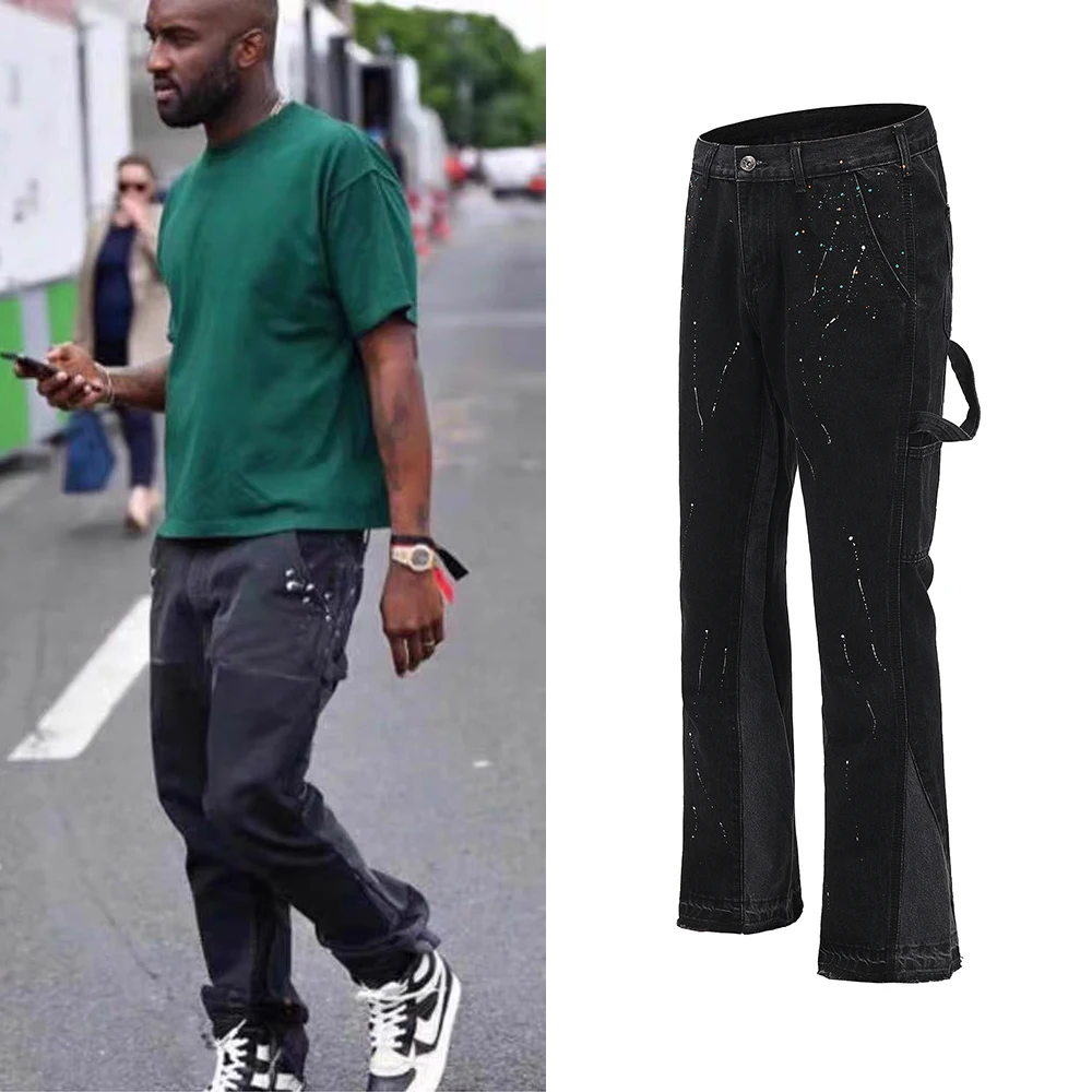 Urban Streetwear Flare Pants Black Wide Leg Jeans Hip Hop Splashed Ink Trousers Men Patchwork Slim Fit Denim Pants for Men Urban Streetwear Flare Pants Black Wide Leg Jeans Hip Hop Splashed Ink Trousers Men Patchwork Slim Fit Denim Pants for Men