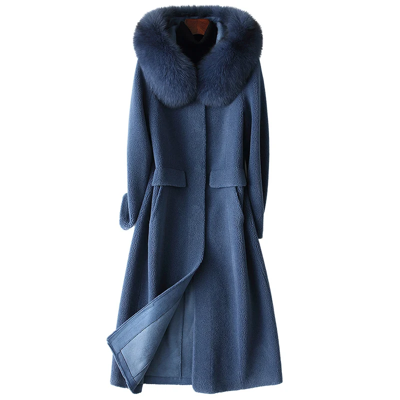 Женское шерстяное пальто с капюшоном и лисьим мехом на осень зиму женская одежда
