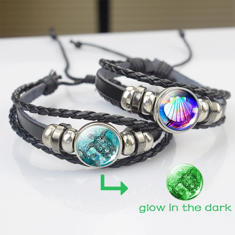 Sea Animals Turtle Leather Bracelets DIY Convex Luminous Glass Cabochon Porpoise Starfish Hippocampus Dolphin Woven Bracelet | Украшения и