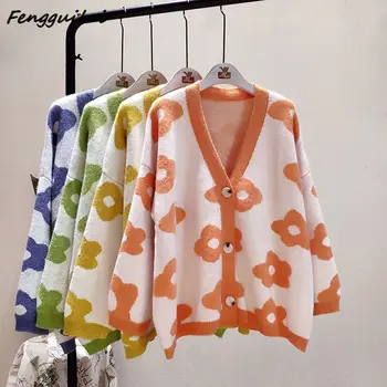 

FENGGUILAI 2019 Spring Autumn Flower Knitted Sweaters Women Shirts Coat Fashion Cardigan Plus Size Knit Tops Loose Sweater