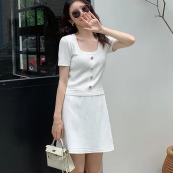 

2020 New Summer Elegant Knitted Women Two Piece Set Ladies Short Sleeve Knit Pullover Tops & Casual Mini Skirt Set Suits
