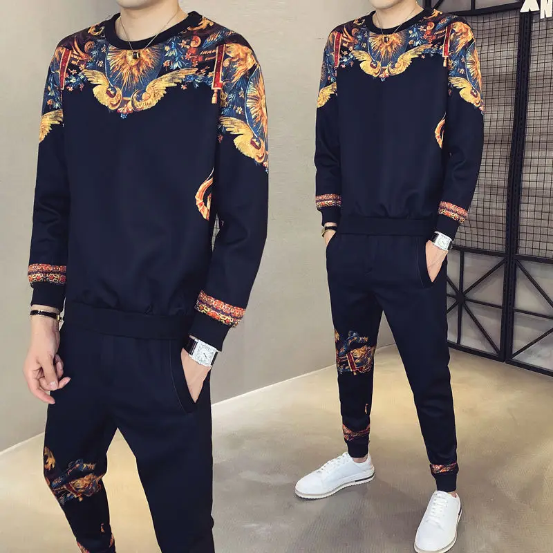 

2020 Autumn New Men Set Fashionable Men's Printed Round Neck Sweater Casual Suit Two-piece Suit + Trousers Ropa Hombre