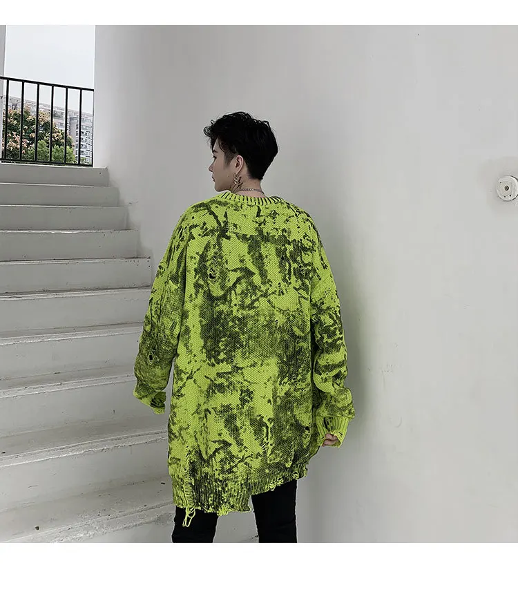 Male Women Streetwear Hip Hop Punk Gothic Bottom Sweater Men Autumn Winter Tie-dyed Hole Loose Casual Knitted Pullover Sweater