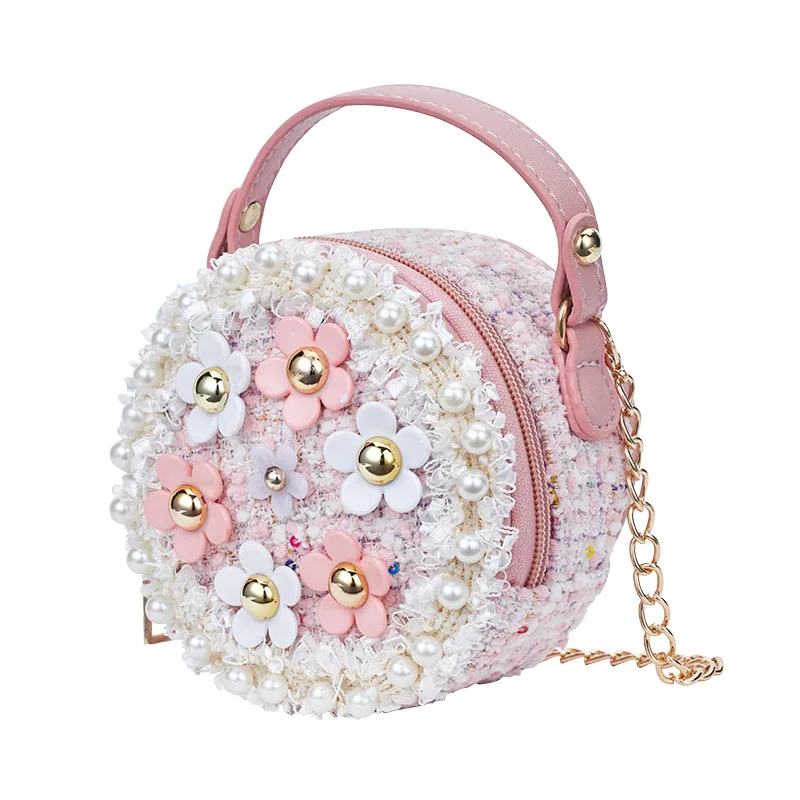 Toddler Kids Mini Chain Round Pearl Bag Baby Girls Pink Tweed Crossbody Bag Fashion Wool Flower Handbags for Teens PU Tote Purse (1)