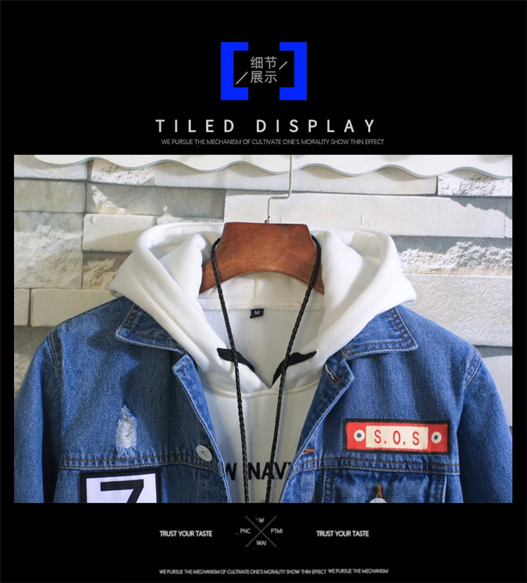 Spring And Autumn New Style Fashion Labeling Cowboy Clothing Men Printed with Holes Denim Jacket Youth Large Size