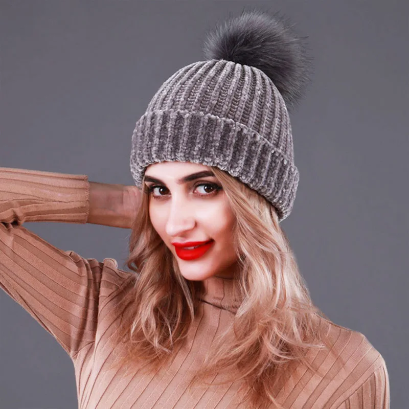 Women's Autumn Hats Female Cheney Ball Headgear Korean Edition Ear Protector Hair Ball Cap with Furring and Thickening
