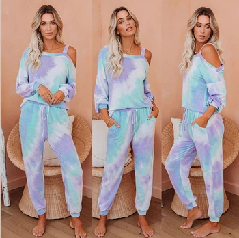 

Women 2 Pcs Tie Dye Clothes Sets Cold Shoulder Long Sleeve Shirts + Elastic Long Pant Homewear Tracksuits