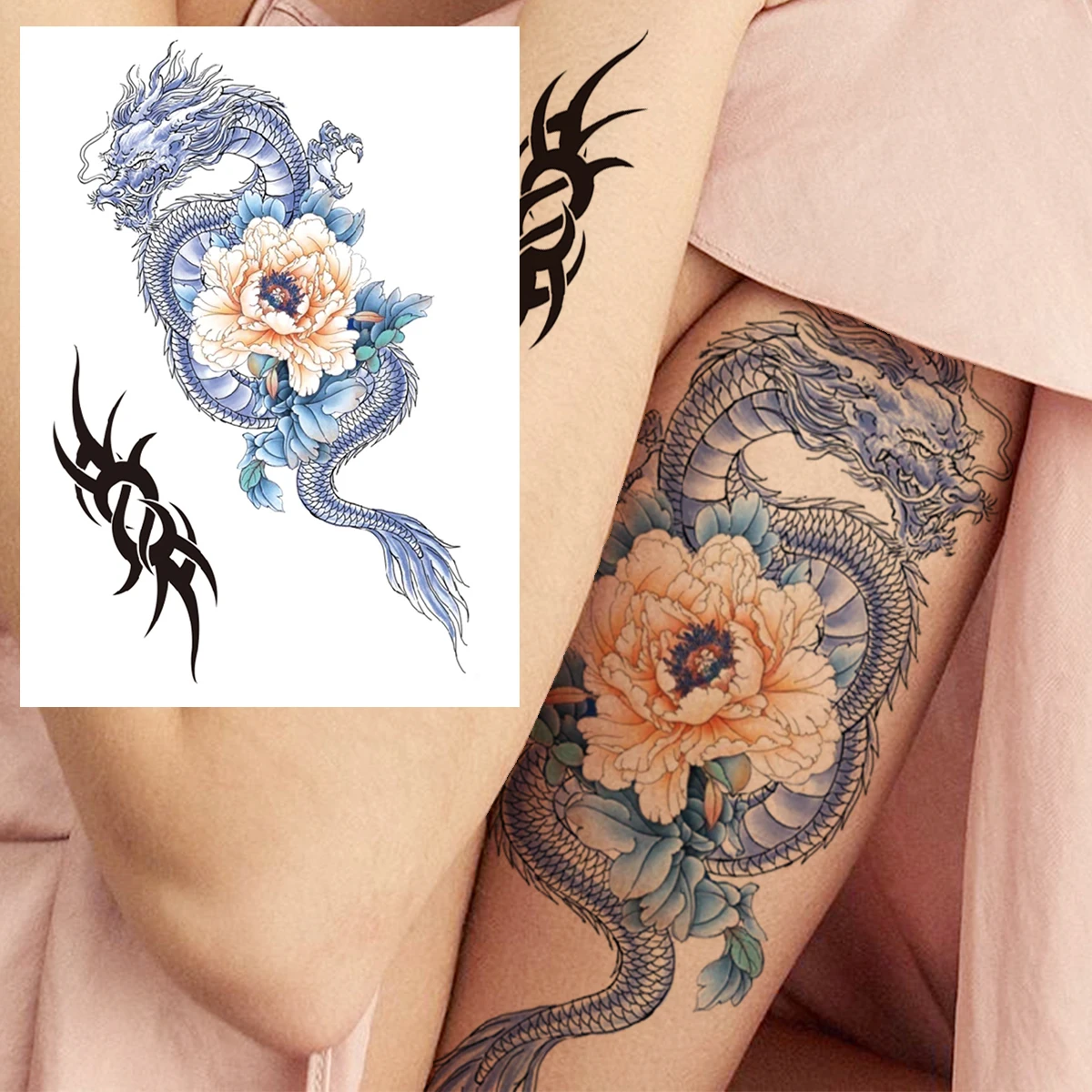 Download Pink Japanese Dragon Tattoo With Flower Wallpaper | Wallpapers.com