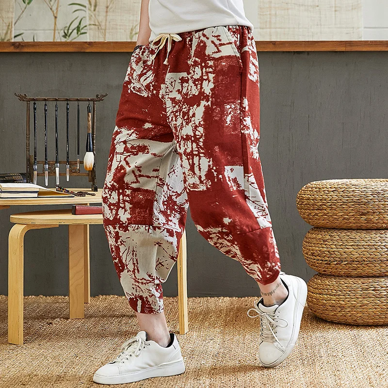 Men Harem Pants Baggy Cotton Harem Pants Men Summer Japanese Men Women Hip Hop Plus Size Wide Leg Pants Bloomers Calf-Length Joggers
