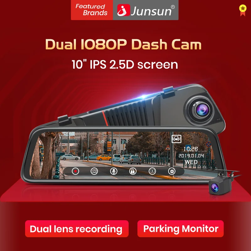 Junsun 2019 Новый Назад камера 1080 P dvr автомобиля двойной объектив регистраторы 10