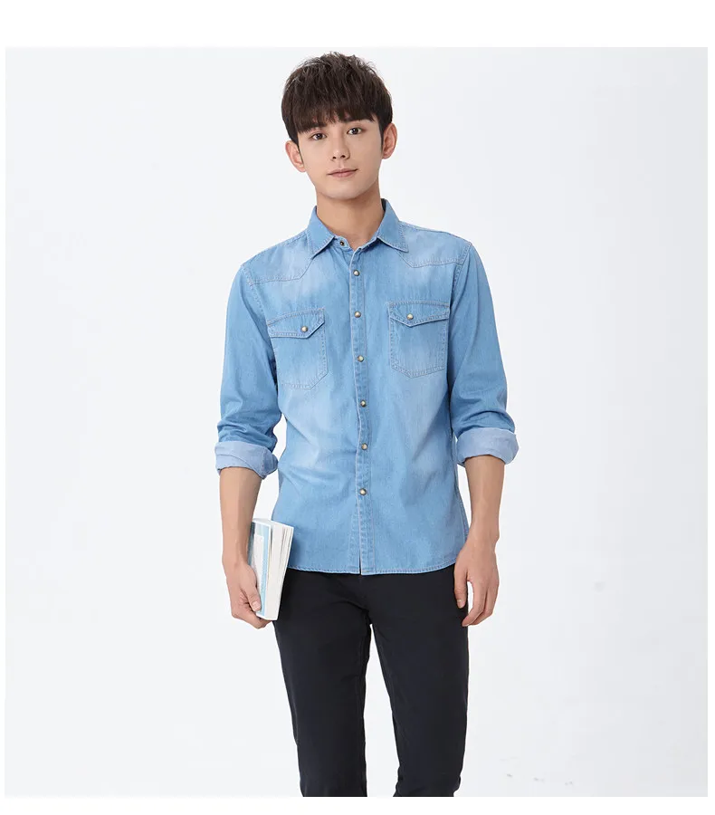 Men's Slim Denim Shirt Spring Cotton Square Collar Pocket Button Fashion Long Sleeve Jeans Shirt