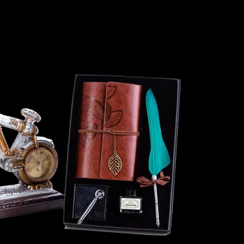 

4Pcs/Set European Retro Notebook Set with Feather Pen Ink Pen Holder for Wedding Christmas Gift