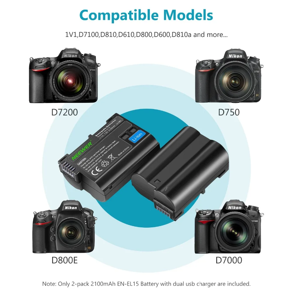 Neewer EN-EL15 EN-EL15A Батарея Зарядное устройство набор для Nikon d750, d7200, d7500, d850, d610, d500, MH-25a, d7200, z6, d810 батареи