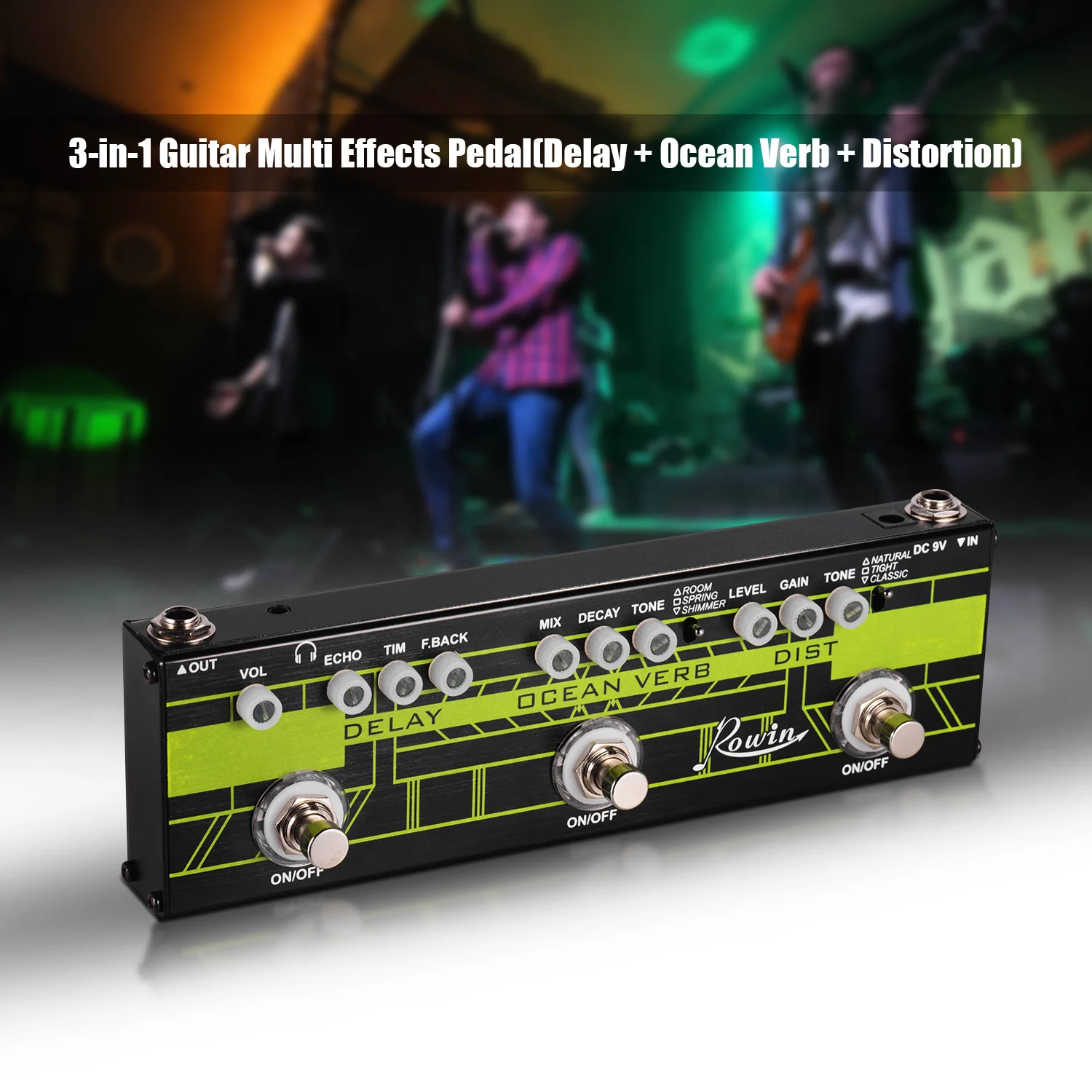 Rowin DAP-1 3-в-1 гитара Мульти для создания спецэффектов задержка+ Океанский глагол+ искажения Алюминий корпус из металлического сплава с Истинной Bypass Функция