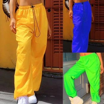 

2019 Pants Womens Neon Green Streetwear Pants High Waist Elastic Trousers Long Pants Womens Midi Waist Casual Trousers