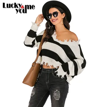 

New Arrive 2020 Women Autumn Tassel Patchwork O-Neck Pullovers Sweater Crop Tops Girls Fall Black White Striped Crochet Sweater
