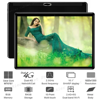 شراءهاتف لوحي ثنائي الشريحة بشريحتين اتصال 4G LTE من الزجاج شاشة 10 بوصة IPS 1920*1200 6 + 64GB WIFI نظام تحديد المواقع 2.5D زجاج مقسى + هدايا