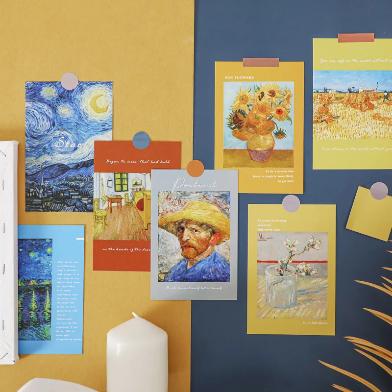 15pcs/set Famous Painting Series Decorative Paintings Van Gogh Monet Matisse Oil Painting DIY Decoration Postcards Wall Sticker 10pcs kraft paper folded envelope box paper photo frame can put postcards decoration