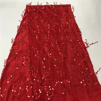 

African Lace Fabric 2019 red High quality sequins Velvet with Embroidery Nigerian Lace Fabric For Women French Mesh Lace Fabric