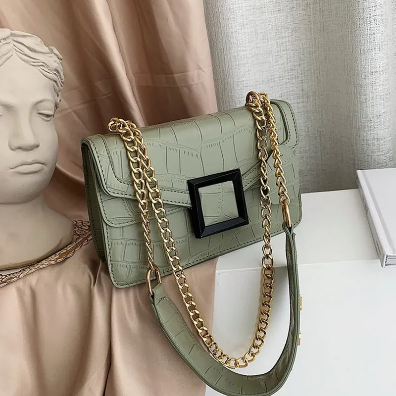 2019New Wave Korean Version of The Wild Chain Small Square Bag Summer Stone Pattern Twill Shoulder Messenger Bag FemaleSmall Bag - Цвет: Зеленый