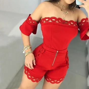 

2pcs Sets Clothing Women's Sexy Off the Shoulder Hollow Out Lace Detail Short Sleeve Outfits Streetwear