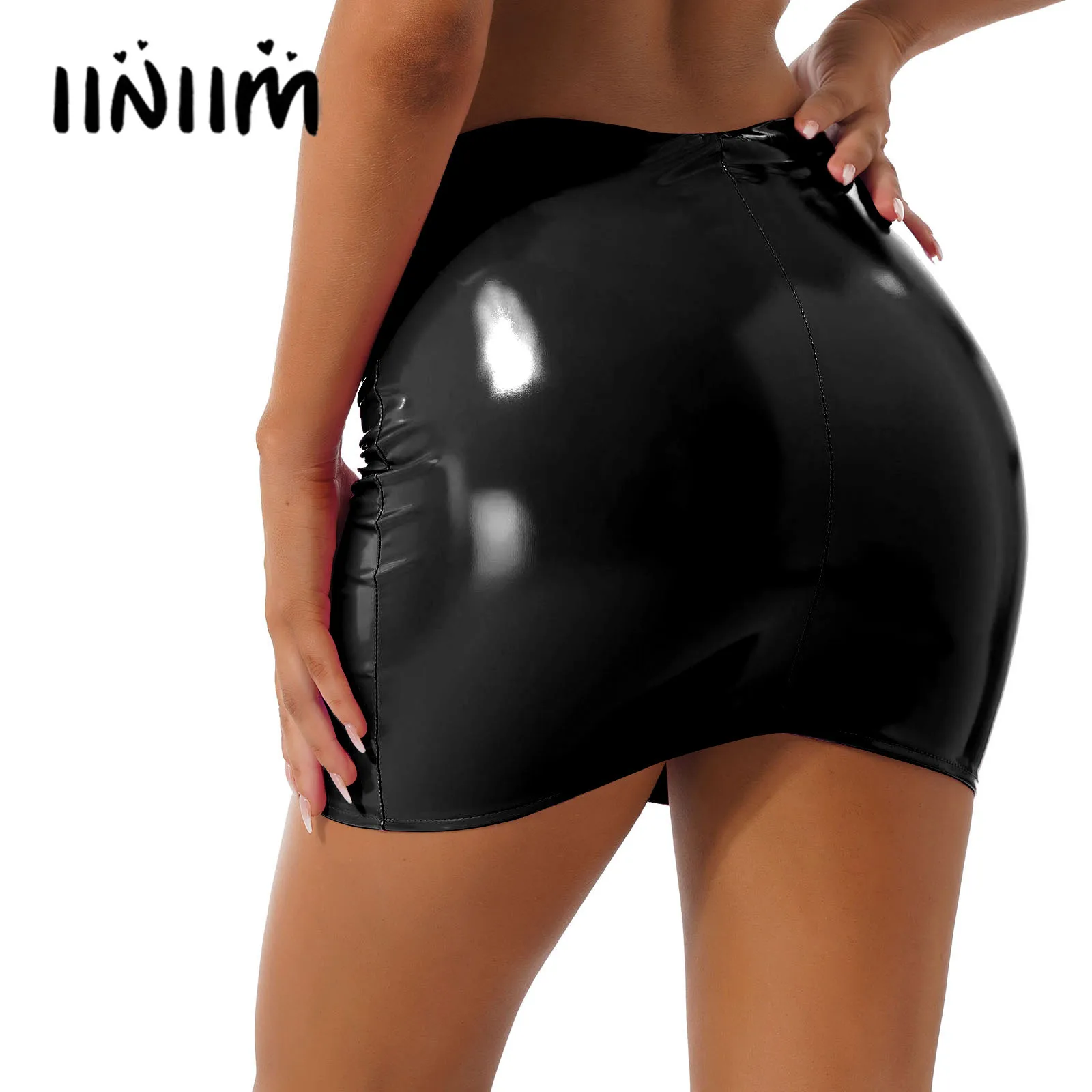 Sexy Womens Glossy Patent Leather Miniskirt Ladies Clubwear for Club Rave Party Solid Color Elastic Waistband Pencil Skirt | Женская