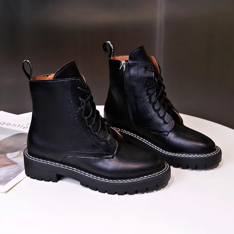 Черный армейские ботинки Для женщин кожаные ботинки на платформе ботинки на шнуровке в стиле «панк» Женские ботильоны обувь на шнуровке с застежкой-молнией, Повседневное Botas Mujer