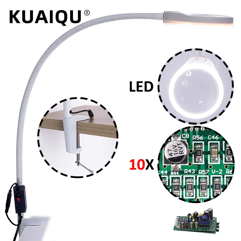 KUAIQU Desk Large Clip LED Magnifying Glass Illuminated Magnifier Lamp Loupe Reading/Rework/Soldering 3X 5X 8X 10X Lengthen Arms
