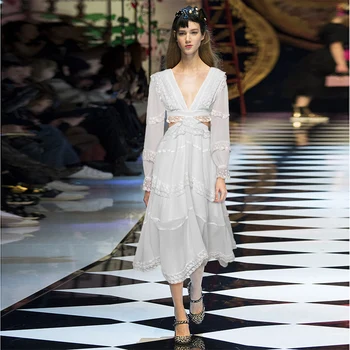 

Luxury Brand Runway Long Sleeve V Neck Bandage Backless Sexy Lace Ruffles Elegant Long Dress Women High Quality White Dresses