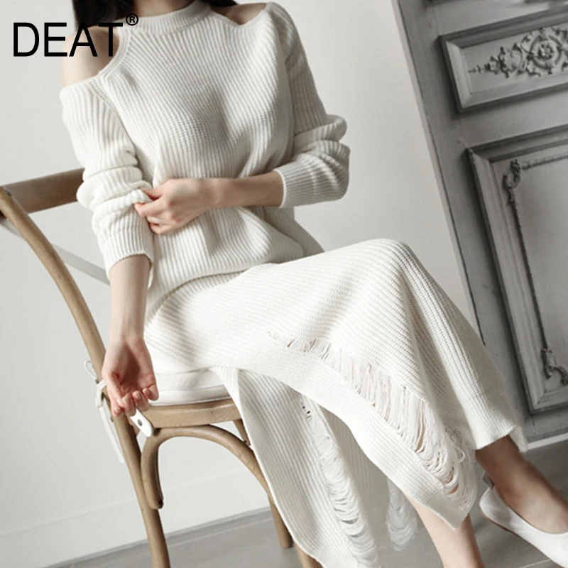 

[DEAT] 2019 New Spring Hanging Neck Strapless Long Sleeve Split Joint Hollow Out Hole Knitting Sweater Women Fashion Tide 13D515