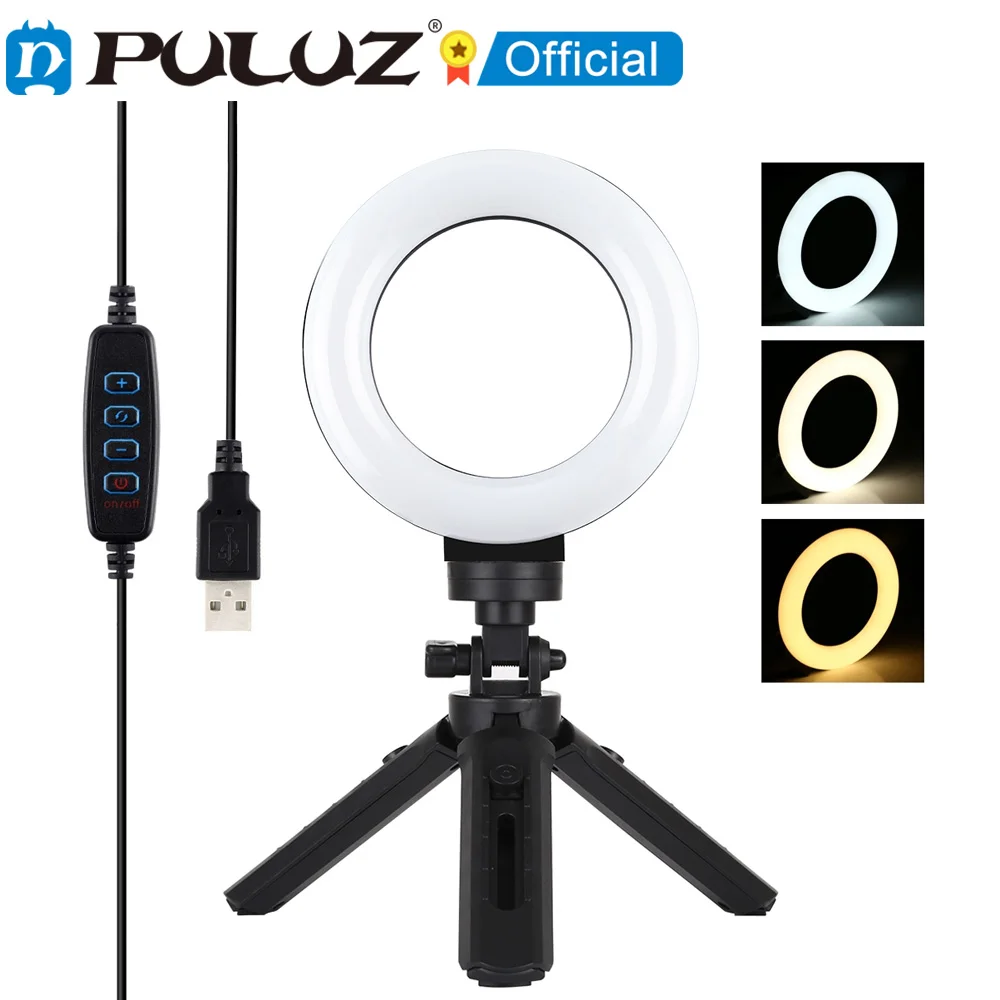 PULUZ 4.7 inch USB 3 Modes Dimmable LED Ring Video Lights with Tripod Mount for YouTube Vlogging Video Selfie Light Kits