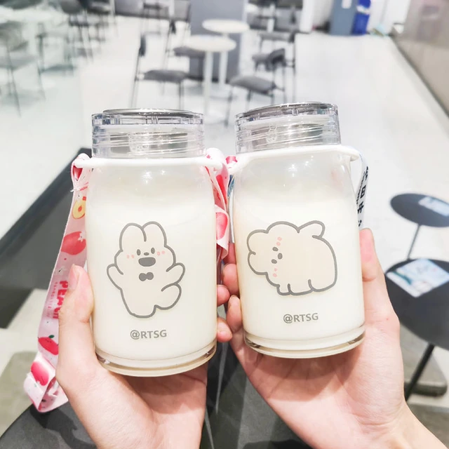 300ml Cartoon Creative Glass Cup With Straw Lids Clear Milk Kawaii Boba  Bear Original Coffee Juice Water Cups for Girl - AliExpress