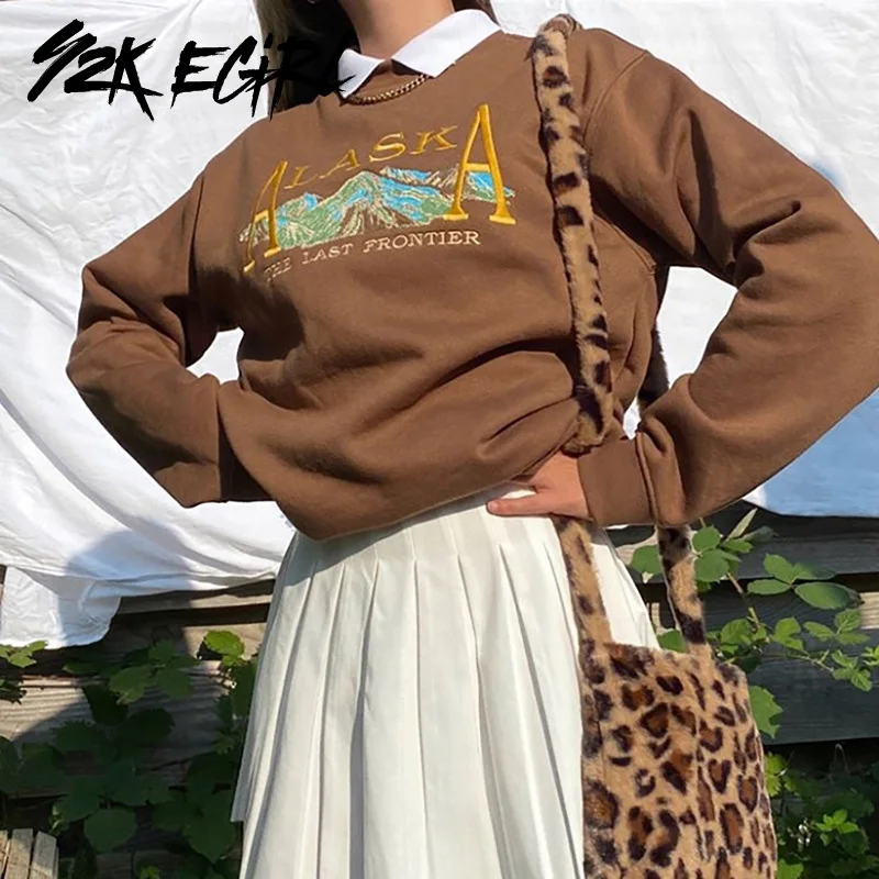 

Y2K EGIRL Indie Aesthetics Pattern and Letter Embroidery Brown Sweatshirts Vintage Crewneck Long Sleeve Oversize Top 90s Fashion