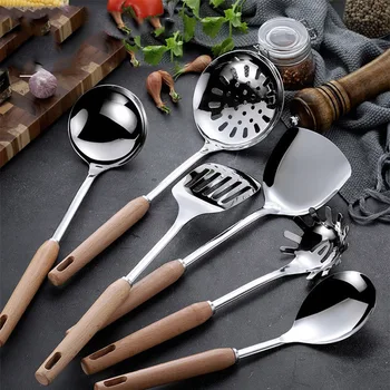 

Wooden Handle Stainless Steel Kitchenware Utensil Cooking Tools Spatula Soup Ladel Spoon Slotted Tuner Shovel Kitchen Cookware