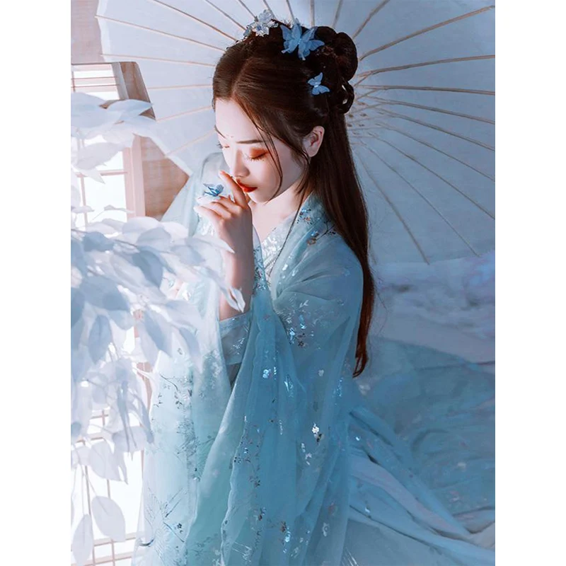 Female Traditional Hanfu Blue Chinese Style Dress Adult Undergarment Wide Sleeve Cardigan Tops Fairy Elegant Carnival Party
