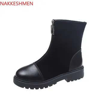 

2020 Autumn and Winter New Front Zipper Short Boots Women Ins Retro All-match round Head British Style Black Thin Boots Women