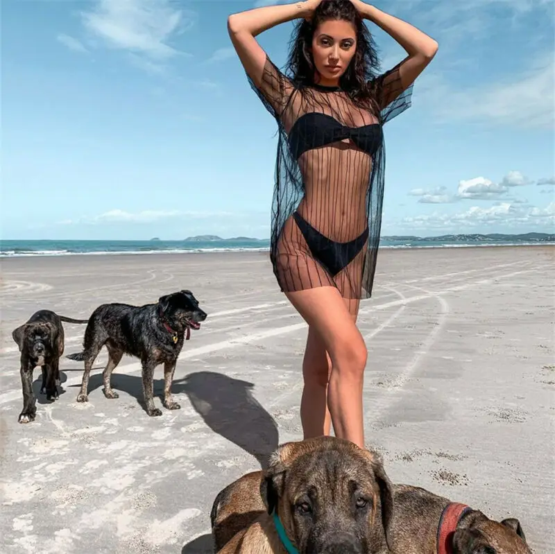

Women Sexy Mesh Sheer Bikini Cover Up Swimwear Swimsuit Bathing Beach Dress Tops Black Clear Striped Beach Swimwear Cover Up