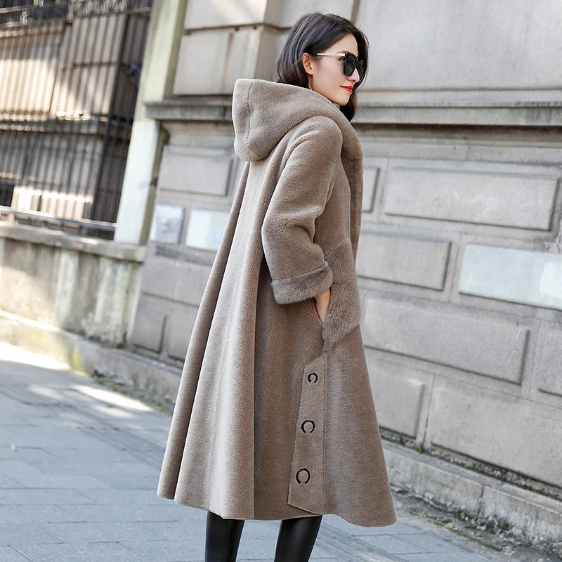 

Real Coat Wiomen Clothes 2020 Long Winter Jacket Sheep Shearing Wool Coats and Jackets Mink Fur Cuff ZM-12580 KJ3132