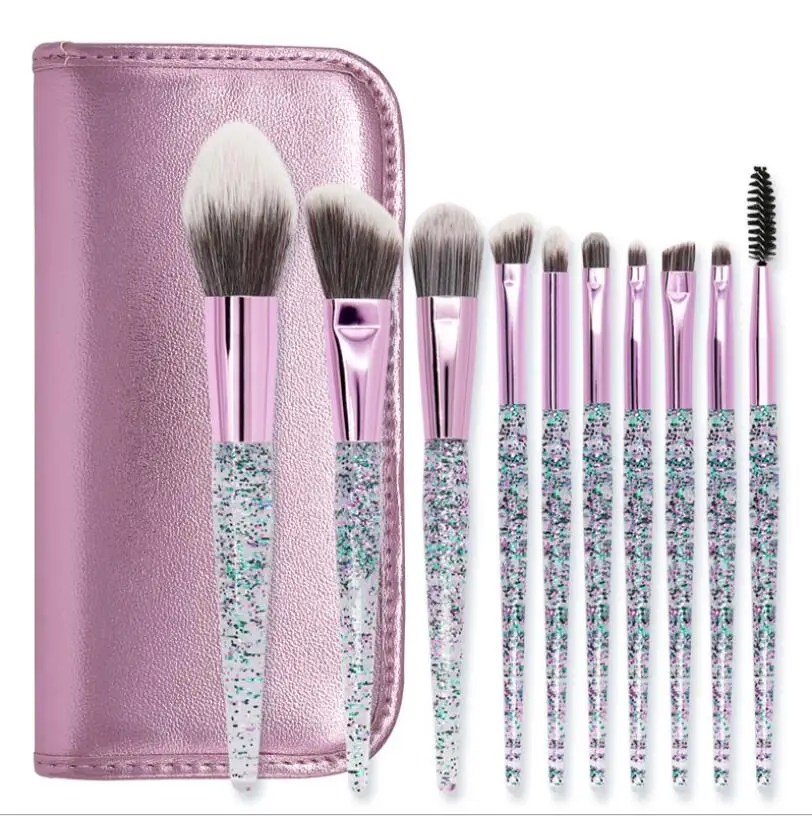 10PC AND PU BAG 10 шт. профессиональный набор кисточек для макияжа красочная Хрустальная ручка тональный порошок набор кисточек для макияжа Макияж Прямая - Handle Color: 10PC AND PU BAG