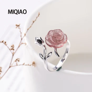 

MIQIAO Rose Flower Ring For Women Jewellery 925 Sterling Silver Adjustable Natural Stone Strawberry Crystal Female Fashion