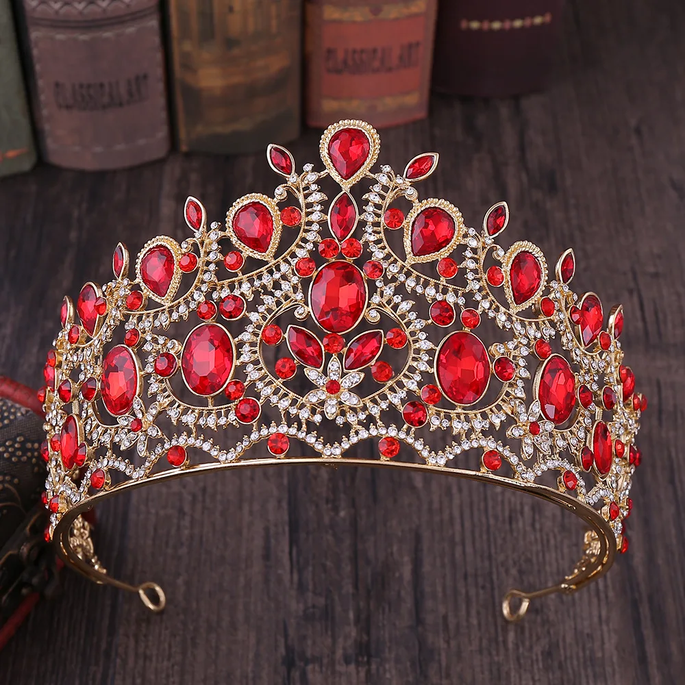 Gold Red Новинка,, красные хрустальные свадебные короны и диадемы, модная корона принцессы в стиле барокко, свадебные аксессуары для волос, повязки для волос невесты - Окраска металла: Gold Red